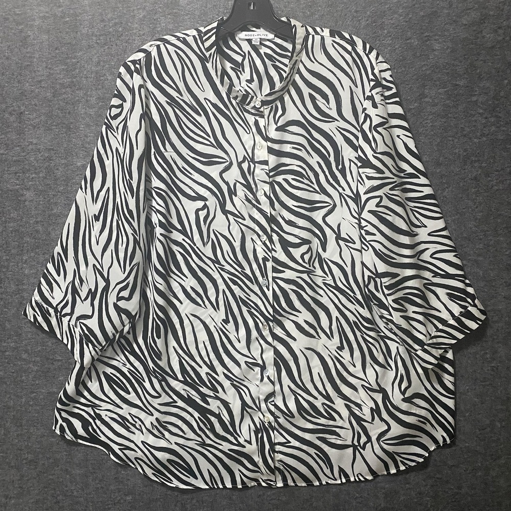 Rose Olive Top Women 2X Black White Zebra Print Button Band‎ Collar Tunic Flowy